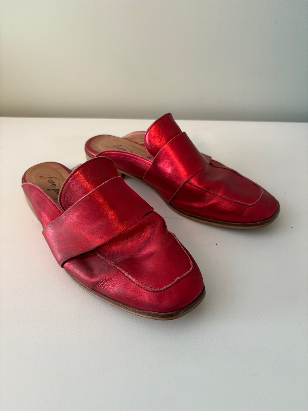 Free People Red Metallic Leather Slip-On Mules